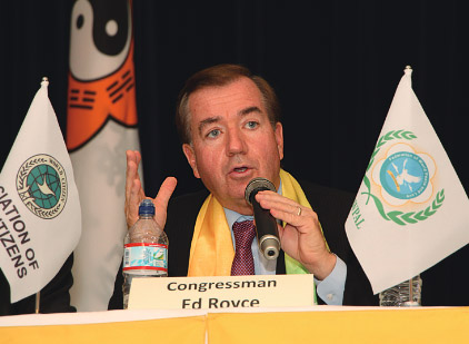 Congressman Ed Royce, 
<p>Chairman of Foreign Affairs Committee
A brighter world and a sustainable world is 
dependent upon the solutions they developed and 
Dr. Hong  indicated the important point that they 
have to carry with them, here, in our heart that 
sense of conscience.</p>